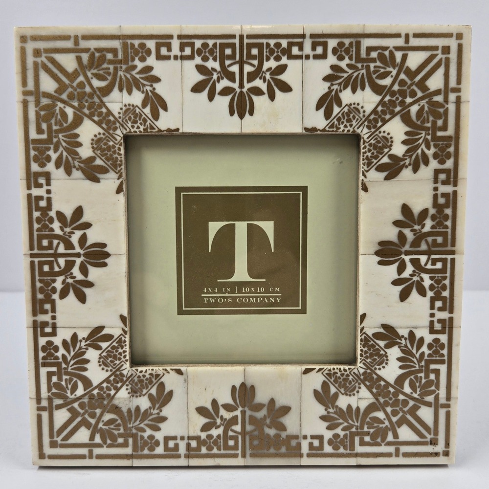 Two's Company Bone Inlay Picture Frame 4x4 Gold Geometric Floral Pattern India
